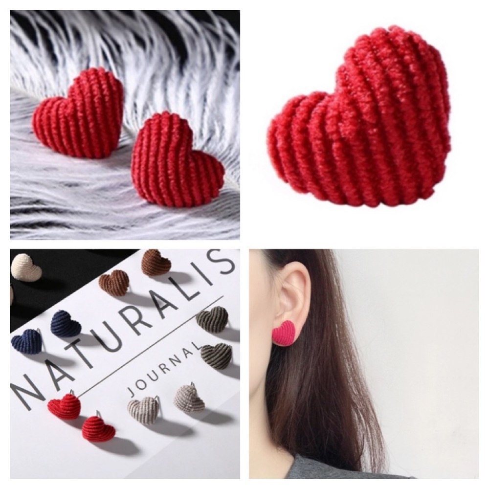 Red Heart Corduroy Fabric Stud Earrings - Picture 3 of 3